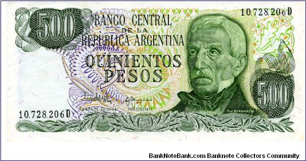 1977/82
500 Pesos
Green
Elderly Gen San Martin
Army monument at Mendoza  
Watermark multiple sunburstssunbursts Banknote