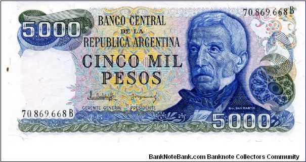 1977/83
5000 Pesos
Blue/Yellow
Elderly Gen San Martin
Coastline Mar del Plata  
Watermark multiple sunbursts Banknote