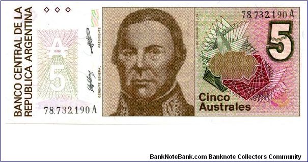 5 Austral
Brown
Sig's 'C' 
J.J de Urquiza 
Liberty with torch & shield 
Watermark multiple sunbursts Banknote
