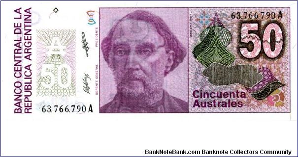50 Austral
Purple
Sig's 'C' 
Bartolome Mitre   
Liberty with torch & shield 
Watermark multiple sunbursts Banknote