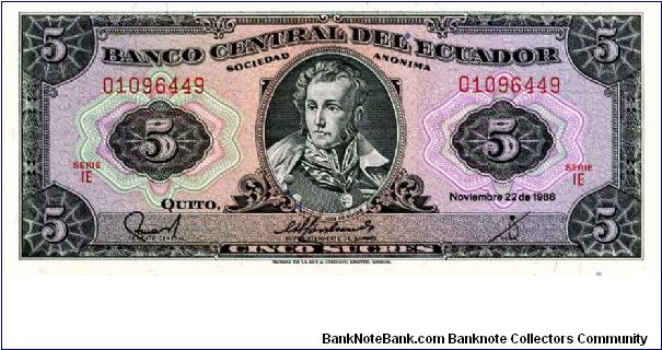 $5
Gray/Pink/Red
Series 1E
Antonio Jose de Sucre  
Value & Coat of Arms
T De La Rue Banknote