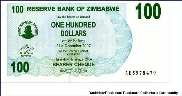 $100 Bearer Cheque
Aqua
Matapos rocks & Value
Terraced hills
Security thread
Watermark: Zimbabwe Bird Banknote
