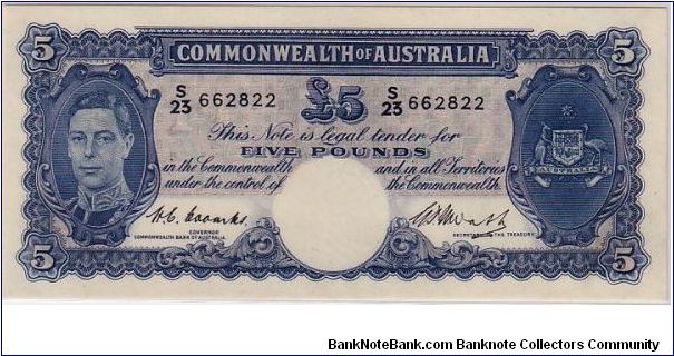 COMMONWEALTH OF AUSTRALIA-
 5 POUNDS KGVI
 A NOTE OF NOTES Banknote