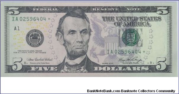 2006 COLORIZED $5 STAR NOTE 4 0F 15 CONSECUTIVE NOTES Banknote