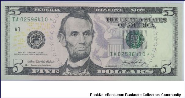 2006 COLORIZED $5 STAR NOTE 10 0F 15 CONSECUTIVE NOTES Banknote