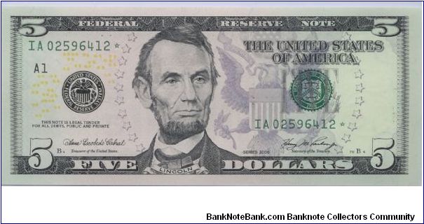 2006 COLORIZED $5 STAR NOTE 12 0F 15 CONSECUTIVE NOTES Banknote