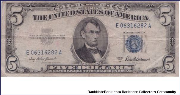 1953 A $5 SILVER CERTIFICATE Banknote