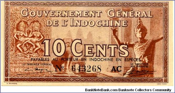 French Indochina

10 Cents
Redbrown
Temple & Dancer, Value
Village scene Banknote