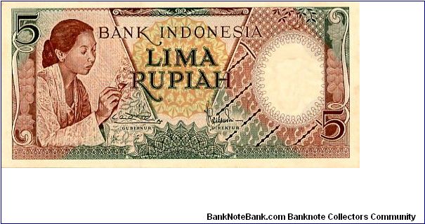 5 Rupiah
Green/Redbrown
Woman applying wax to cloth (batiking)
Indonesian traditional house
Wtrmrk Buffalo Banknote