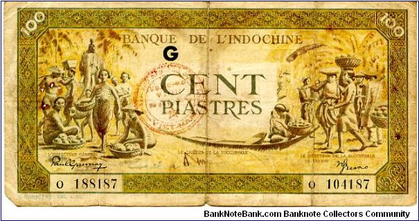 French Indochina
1942/45
100 Piaster 
Green/Brown
Village scene
Pagoda Banknote