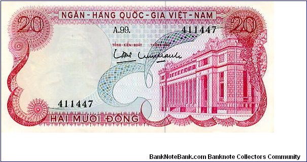 South Vietnam 

20 Dong
Pink/Blue/Green
National Bank Building
Geometric pattern
Security thread
Wtrmrk Tran Hung Dao Banknote