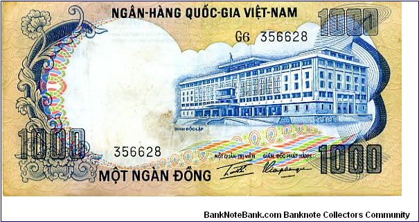 South Vietnam

1,000 Dong 
Multi
Independence Palace
Three Elephants and riders at river bank
Security thread
Wtrmrk Vietnamese lady Banknote