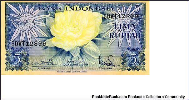 5 Rupiah 
Blue/Yellow
Flowers
Sunbirds & flowers
Wtmrk Coat of arms Banknote