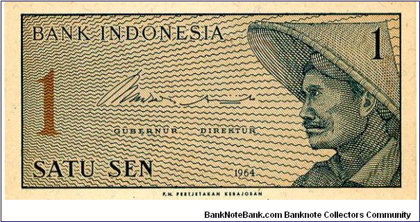 1  Sen 
Green
Peasant with straw hat 
Geometric designs Banknote