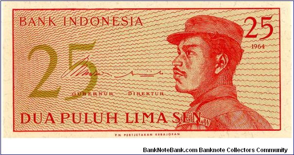 25 Sen 
Yellow/Pink
Male volunteer in uniform 
Geometric designs Banknote
