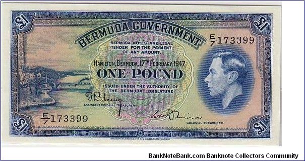 BERMUDA GOVERNMENT-
 ONE POUND KGVI Banknote