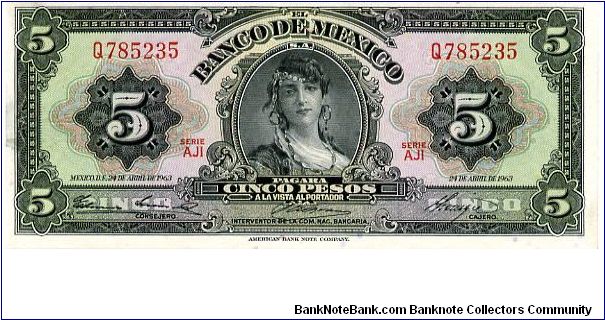 5 Pesos
Black/Green/Pink
Gypsy woman
Statue of Victory and orange seals Banknote