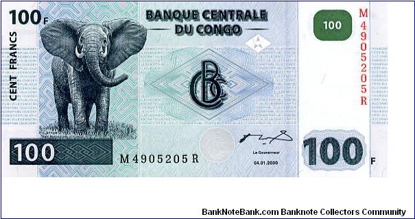 100 Francs
Blue/Green
Elephant
Hydro electric dam
Security thread
Wtmrk Okapi Banknote