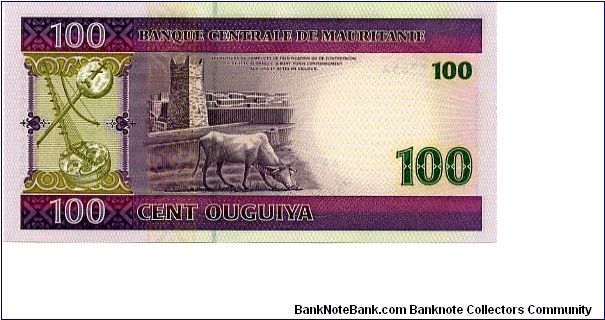 100 Ouguiya
Purple/Olive
Musical instruments & cow grazing in front of a tower
Geometric designs tower 
Security thread
Wtmrk Mans head Banknote