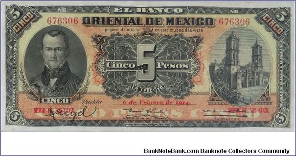 1914 ORIENTAL DE MEXICO 5 CINCO PESOS Banknote