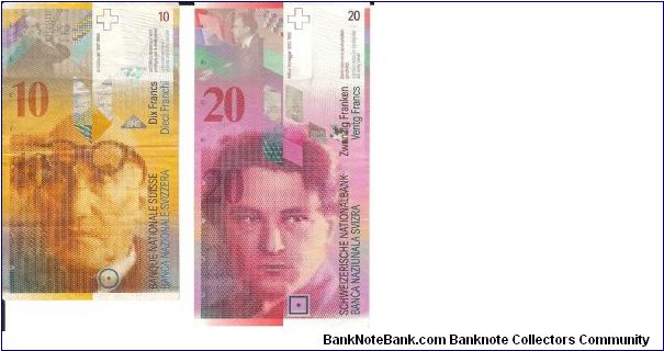 10 and 20 Swiss Franken Banknote