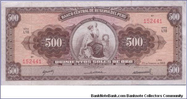 1968 BANCO CENTRAL DE RESERVA DEL PERU 500 *QUINIENTOS* SOLES

P80 Banknote