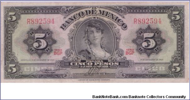 1968 BANCO DE MEXICO 5 *CINCO* PESOS

NICE RED STAMPS ON REVERSE



P60j Banknote