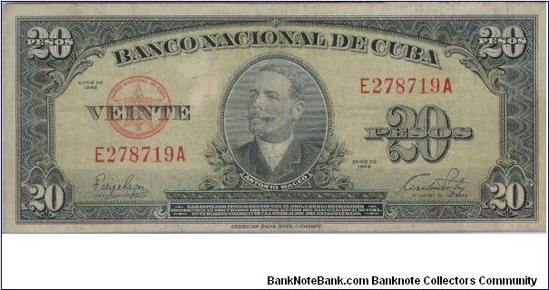 1949 BANCO NACIONAL DE CUBA 20 *VIENTE* PESOS Banknote