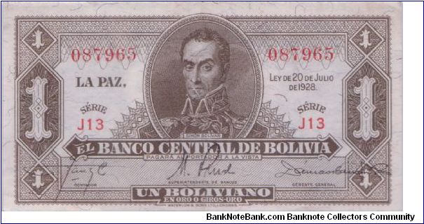 1928 EL BANCO CENTRAL DE BOLIVIA
1 *UN* BOLIVIANO Banknote