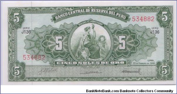 1968 BANCO CENTRAL DE SESERVA DEL PERU 5 *CINCO* SOLES


P83 Banknote