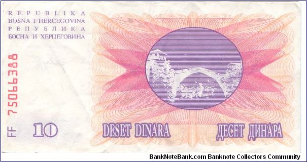 1992 BOSNIA 10 DINARA

P10a Banknote
