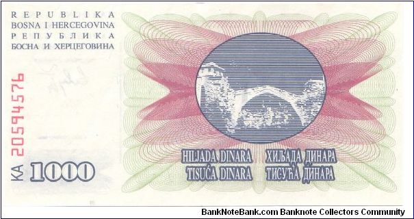 1992 BOSNIA 1000 DINARA


P15a Banknote