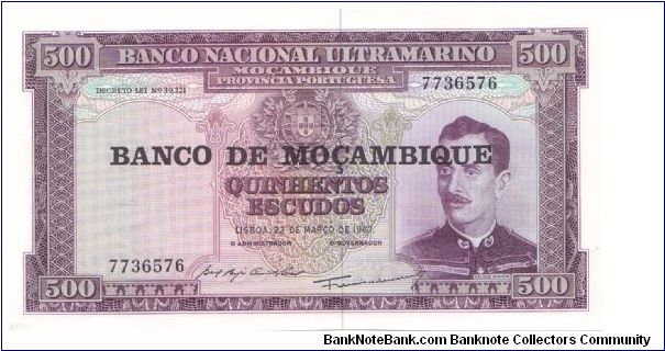 1976 **ND PROVISIONAL ISSUE**

500 *QUINHENTOS* ESCUDOS

**BANCO DE MECAMBIQUE BLACK OVERPRINT**


P118a Banknote
