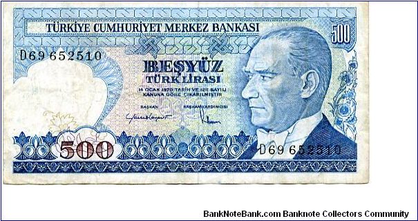 500 Lirasi
Blue/Brown/Purple
President Kemil Atatürk
Izmir Clock tower
Security thread
Wtrmk Kemil Atatürk Banknote