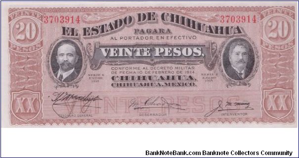 1915 EL ESTADO DE CHIHUAHUA 20 *VEINTE* PESOS

S537b Banknote