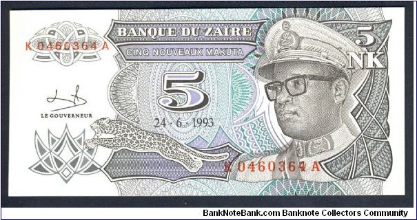 Zaire (Congo) 5 New Makuta 1993 P48. Banknote