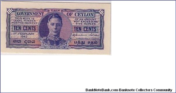 GOVERNMENT OF CEYLON KGVI 10 CENTS  UNIFACE Banknote