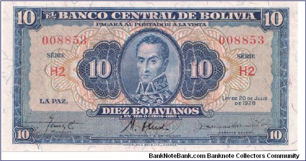 1928 EL BANCO CENTRAL DE BOLIVIA 10 *DIEZ* BOLIVIANOS Banknote