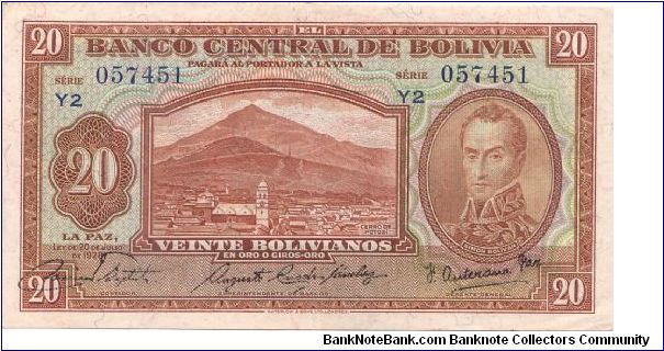 1928 BANCO CENTRAL DE BOLIVIA 20 *VIENTE* BOLIVIANOS Banknote