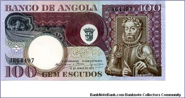 100 Escudos
Purple/Blue/Brown/Green 
Coat of arms & Luiz de Camoes 
Palm tree & Coconuts
Security thread
Wtr mk Camoes Banknote