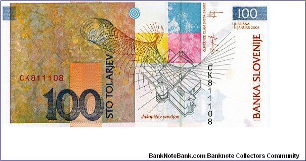 100 Tolarjev 
Paintbrushes & Impressionist Rihard Jakopic
Outline of the Jakopicev Pavilion 
Security thread
Wtr mk Jakopic Banknote