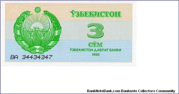 3 Sum 
Cream/Blue/Green
Coat of Arms & value
Shir-Dor Madrassa in Samarkand
Watermark flowers Banknote