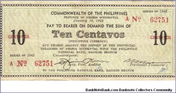 S-629 Negros Occidental 10 centavos note. Banknote