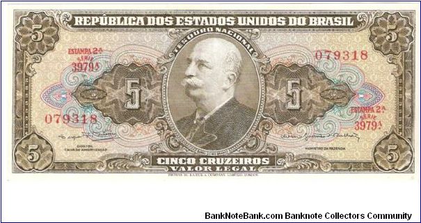 5 cruzeiros; circa 1964; Series 3979A Banknote