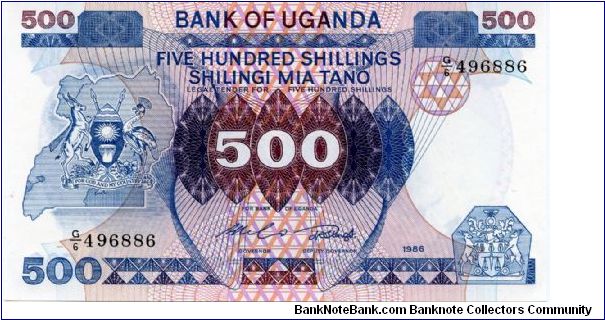 500 Shillings
Purple/Blue
Coat of arms & geometric pattern
Cattle & harvesting
Security thread
Watermark Bird Banknote