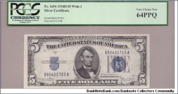 1934 D $5 **WIDE I** SILVER CERTIFICATE


**PCGS 64 PPQ** Banknote
