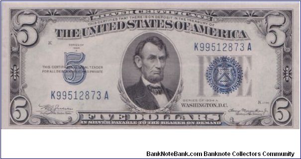 1934 A $5 SILVER CERTIFICATE Banknote