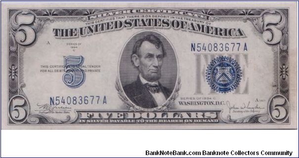 1934 C $5 SILVER CERTIFICATE Banknote