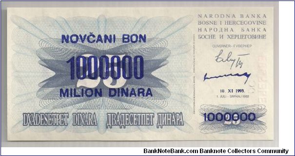 Bosnia 10000000 Dinara on 25 Dinara 1993 P35. Banknote