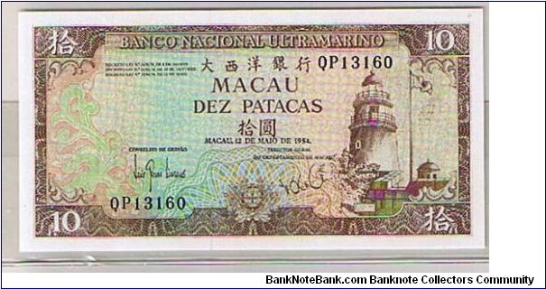 BANK OF NATIONAL UTRAMARINO $10 PATACAS Banknote